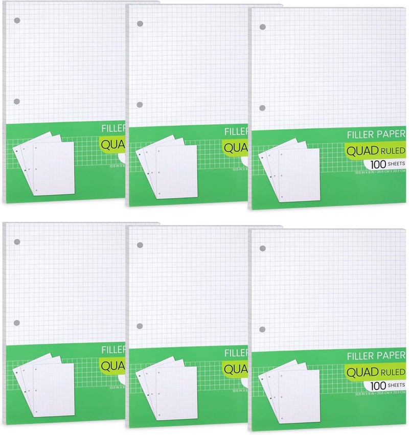 Manaloom Graph Paper, Filler Paper Loose leaf Graph Paper - 8” x 10.5" - Graph Ruled, 4x4 Quad Ruled Notebook Paper, 3 Hole Punched Loose leaf Papers for 3 Ring Binders - 100 Sheets per Pack (6 Pack) - Image 1